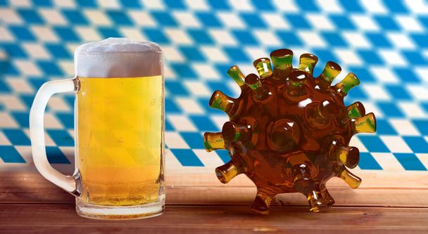 Oktoberfest και COVID 19. Coronavirus και κούπα μπύρα στον πάγκο μπαρ, Βαυαρική σημαία φόντο. Φεστιβάλ Παραδοσιακής Μπύρας, Μόναχο Γερμανίας. 3d απόδοση - Φωτογραφία, εικόνα