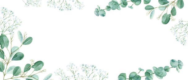 Kukka akvarelli banneri. Vihreä eukalyptus ja valkoinen gypsophila oksat eristetty valkoisella pohjalla. maalaismainen romanttinen tyyli. Kukka suunnittelu runko. Voidaan käyttää kortteihin, hääkutsuihin, bannereihin - Valokuva, kuva