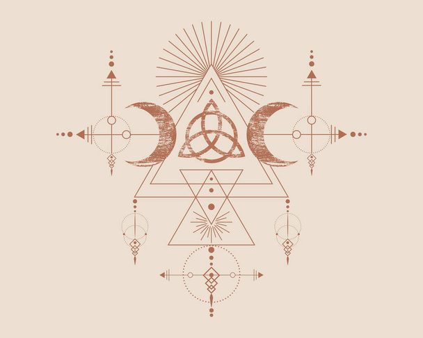 Trojitá bohyně a Triquetra, posvátná geometrie, kmenové trojúhelníky, měsíční fáze v šamanském bohovském stylu. Tetování, astrologie, alchymie a magické symboly. Vektor izolovaný na starém pozadí  - Vektor, obrázek