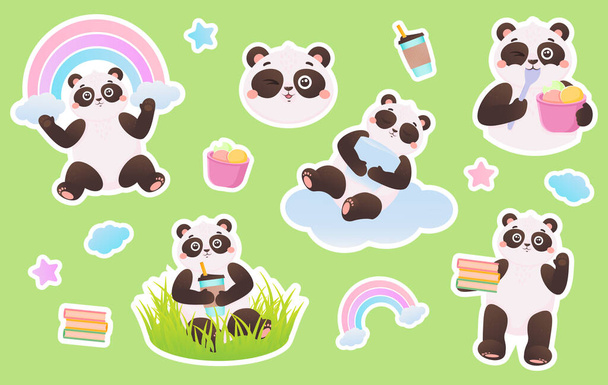 Rayures à la mode avec un panda mignon et d'autres éléments. Illustration vectorielle. Sticker, pin, patch, sticker, émotions dans le style dessin animé - Vecteur, image