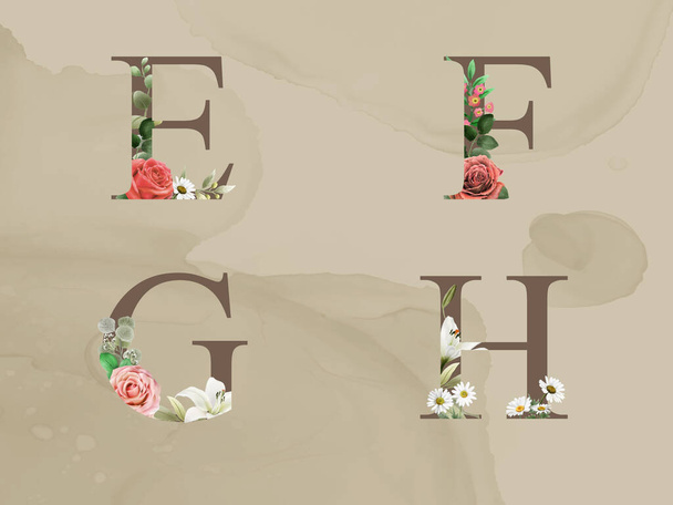 красивый цветочный алфавит с красными и белыми цветами и зелеными листьями акварели - Вектор,изображение