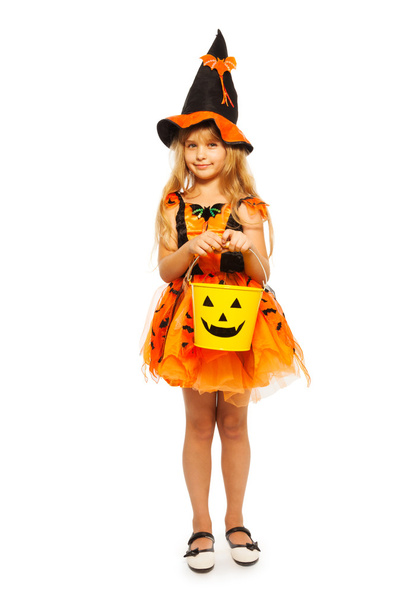 Little witch with Halloween bucket - Foto, Imagem