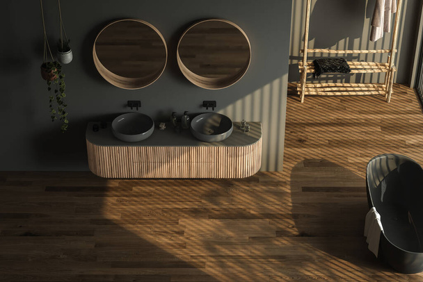 Intérieur de salle de bain moderne avec parquet brun foncé, deux lavabos noirs, doubles miroirs, baignoire noire, plantes intérieures, murs sombres. Salle de bain minimaliste avec mobilier moderne. rendu 3D - Photo, image