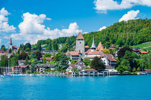 İsviçre 'nin Bern Kantonu' ndaki Thun Gölü kıyısındaki Spiez köyünün eski kasabası. - Fotoğraf, Görsel