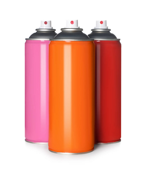 Colorful cans of spray paints on white background - Fotoğraf, Görsel