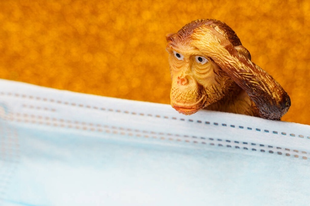 Figurina di una scimmia dietro una maschera chirurgica medica. Il concetto di vaiolo o vaiolo delle scimmie. Sfondo con spazio di copia per il testo - Foto, immagini