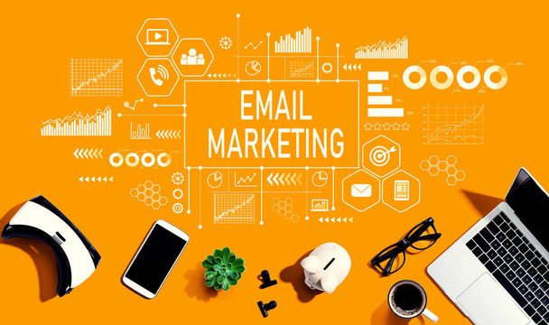 Email marketing with electronic gadgets and office supplies - flat lay - Fotografie, Obrázek