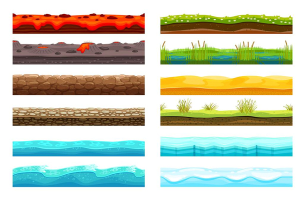 土壌層、ゲームレベルの表面。ベクトル溶岩、氷と海、水の池、沼、舗装道路、クレーター、緑のフィールド、砂漠の砂の断面ビュー。漫画テクスチャグラフィックUIの背景、ゲーム資産 - ベクター画像