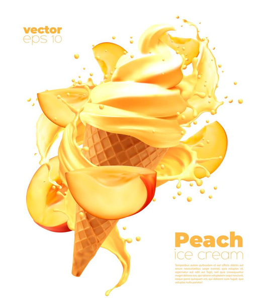 分離桃ソフトアイスクリームコーンとフルーツスプラッシュ。黄色のスプラッシュ波が渦巻くウェーハカップのベクトル現実的なフルーツアイスクリーム。甘いクリーミーなデザートスナック - ベクター画像