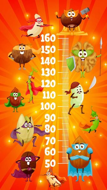 Pähkinät supersankari merkkiä lapset korkeus kaavio kasvumittari. Vektoriviivoitin, stadionimittarin seinätarra ja sarjakuvakookos, kahvipapu, manteli ja saksanpähkinä, maapähkinä ja cashew, pistaasi, brasilianpähkinä, hasselpähkinä - Vektori, kuva