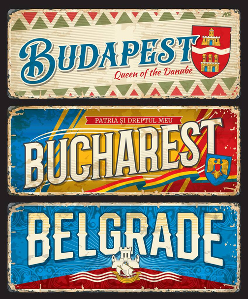 Budapeşte, Bükreş, Belgrad şehir seyahat etiketleri ve plakalar, vektör teneke tabelalar. Macaristan, Romanya ve Sırbistan 'ın başkentleri turizm afişleri, Doğu Avrupa hedef bavul etiketleri ve çıkartmaları - Vektör, Görsel