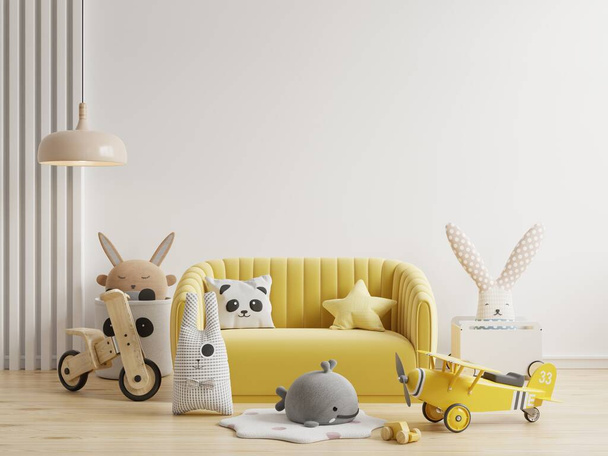 Mockup parede no quarto das crianças com sofá amarelo na parede cores brancas fundo. 3D renderização - Foto, Imagem