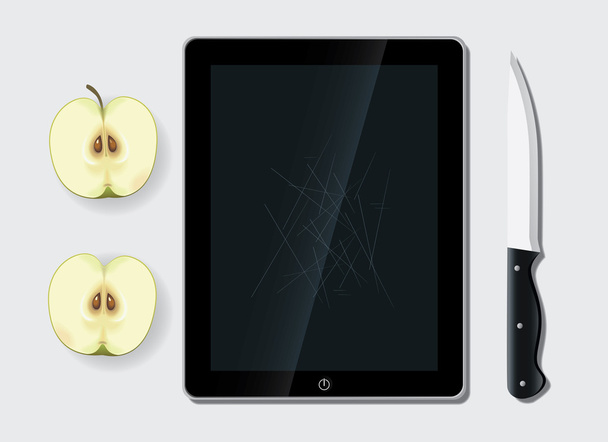 Corte de maçã no tablet pc
 - Vetor, Imagem