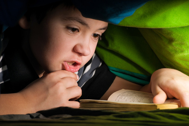 Olvasson egy könyvet a takaró alatt fiú - Fotó, kép