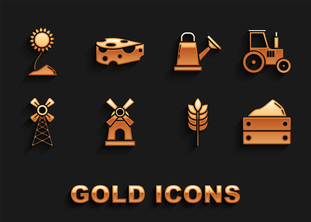 Set Windmill Tractor Wooden box with harvest Cereals rice wheat corn oats rye Watering can Sunflower and Cheese icon. Vector. - Vector, Image