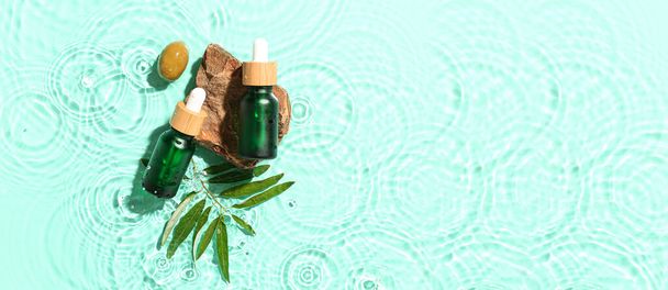 Bottles of essential olive oil in water on turquoise background - Foto, Bild