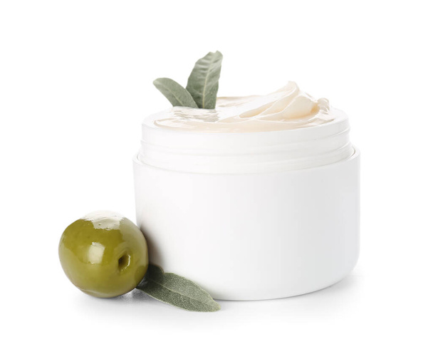 Jar of cream with green olive and leaves on white background - Zdjęcie, obraz