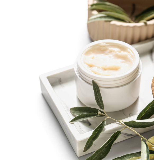 Jar of natural olive cream on white background, közelkép - Fotó, kép