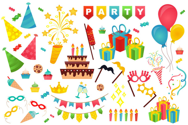 Fiesta de cumpleaños lindo conjunto en diseño plano de dibujos animados. Paquete de sombrero festivo, fuegos artificiales, guirnalda, pastel, regalo, globo, gafas, corona, dulce, magdalena, vela y otros. Elementos aislados de ilustración - Foto, imagen