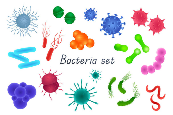 Bakteerit ja bakteerit 3d realistinen joukko. Erilaisten mikroskooppisten organismien, mikrobien, virusten, infektio- ja tautisolujen, basillien ja muiden eristettyjen elementtien yhdistelmä. Esimerkki: - Valokuva, kuva