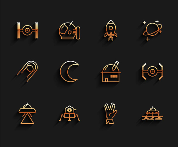 Set line UFO flying spaceship Mars rover Cosmic Vulcan salute Moon and stars and Astronomical observatory icon. Vector. - Vector, Image