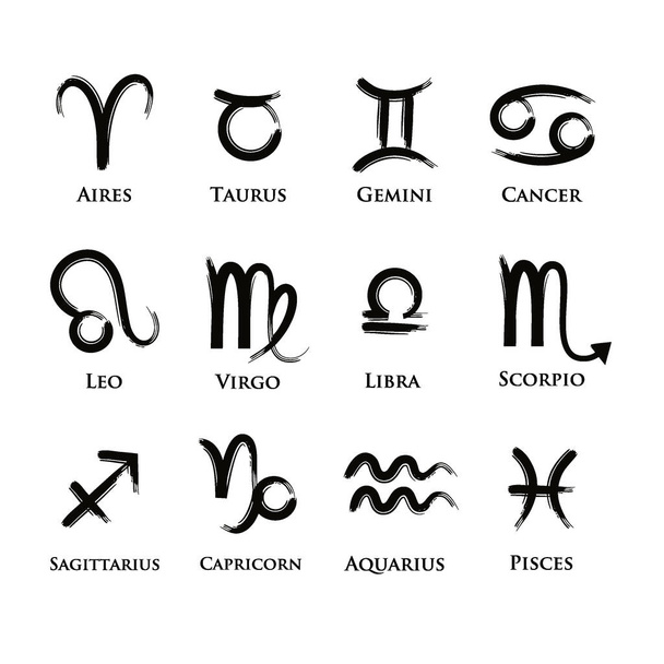 Este es un conjunto de símbolos zodiacales dibujados a mano individuales y son vectores escalables que los hacen ideales para textiles, envoltorios de regalo y papeles decorativos, fondos, tarjetas de felicitación y más. - Vector, imagen