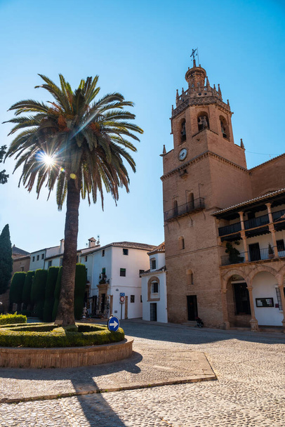 Palm trees next to the Church of Santa Maria la Mayor in the historic center of Ronda, Malaga, Andalucia - Zdjęcie, obraz
