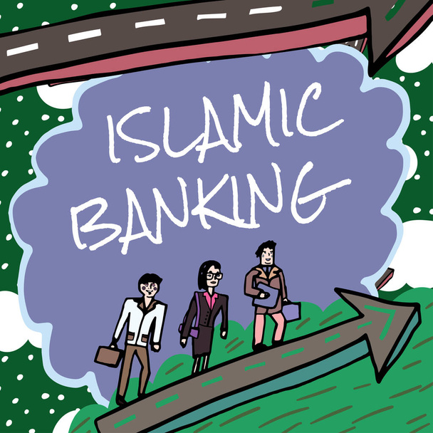 Legenda do texto apresentando o sistema bancário islâmicoSistema bancário baseado nos princípios da lei islâmica, Word Written on Banking system based on the principles of Islamic law - Foto, Imagem
