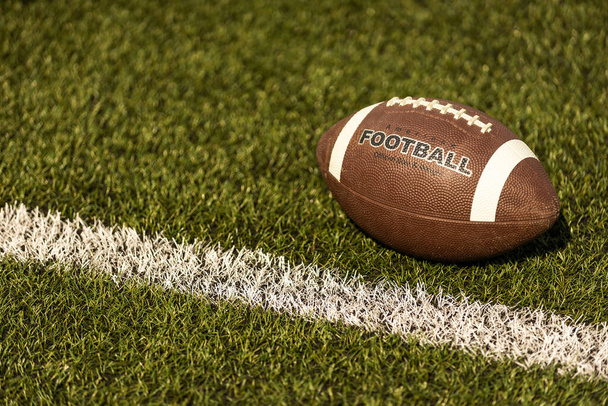 American football ball on the grass of a stadium. - Foto, Bild