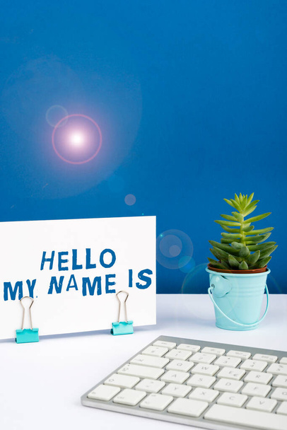 Текст підпису представляє Hello My Name представляє себе новим людям як Презентація, бізнес-ідея представляє себе новим показовим працівникам як Презентація
 - Фото, зображення