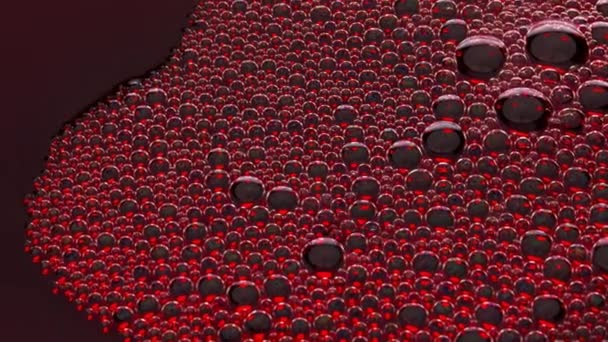 Sistergő hab vörös folyadék felületi közelkép. Buborék textúra mozog lassan felső nézet. Rózsa alkoholos ital habzás létrehozása. Makró csillagszórók ittas elegancia likőr üvegáru. Borászati koncepció - Felvétel, videó