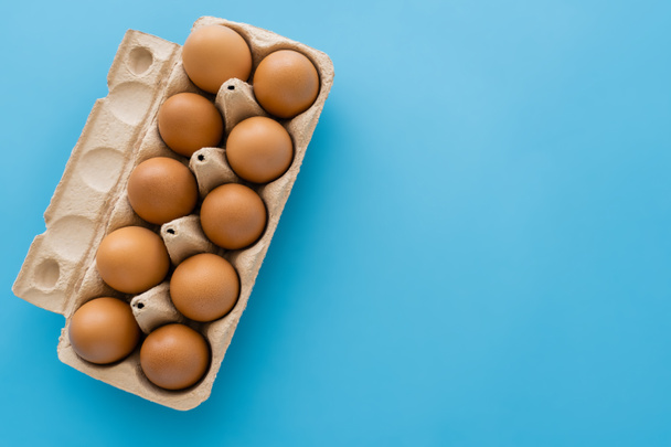 Bovenaanzicht van verse bruine eieren in kartonnen schaal op blauwe achtergrond - Foto, afbeelding