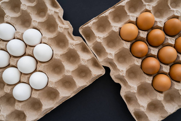 Top view of white and brown chicken eggs in carton tray on black background  - Foto, Imagen