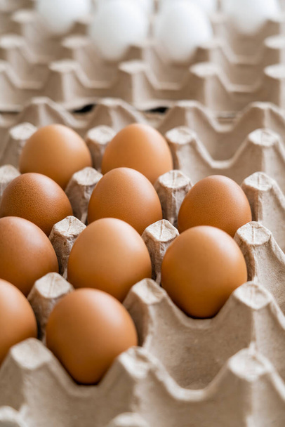 Œufs de poulet frais biologiques dans un plateau en carton  - Photo, image
