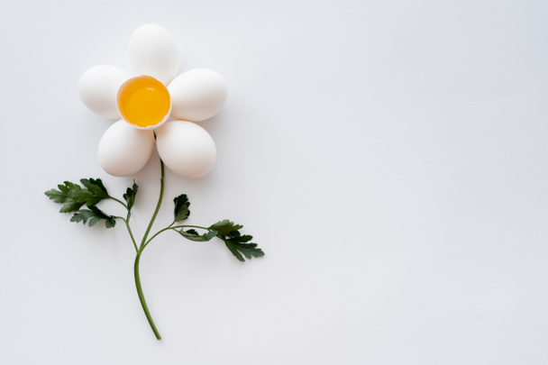 Puesta plana de huevos naturales y perejil en forma de flor sobre fondo blanco  - Foto, Imagen