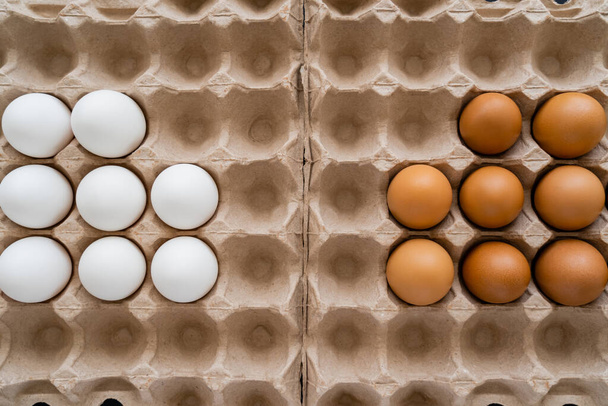 Puesta plana de huevos marrones y blancos en bandejas de cartón  - Foto, Imagen