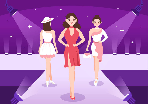 Professional Model Template Hand Drawn Cartoon Flat Illustration with Beautiful Women Models Walking on Podium in Fashion Week Event - Vector, Image