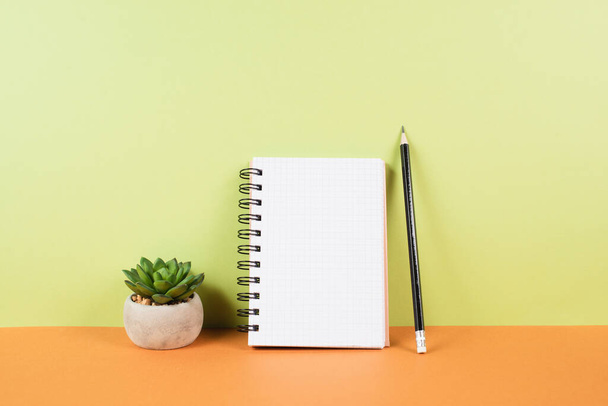 Notizblock mit Bleistift auf orangefarbenem und grünem Hintergrund, Topf mit Kaktus, Kopierraum für Text, Schreibtisch im Büro - Foto, Bild