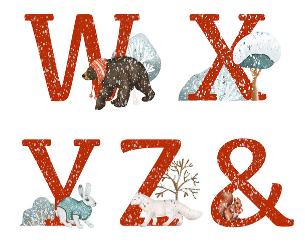 冬の森の動物と赤い文字W-Zのセット、クリスマス動物のアルファベット、白い背景に孤立したイラスト - 写真・画像