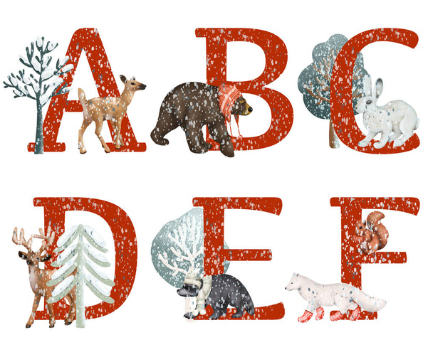 Állítsa be a piros betűk A-F téli erdei állatok, karácsonyi állat ábécé, elszigetelt illusztráció fehér alapon - Fotó, kép