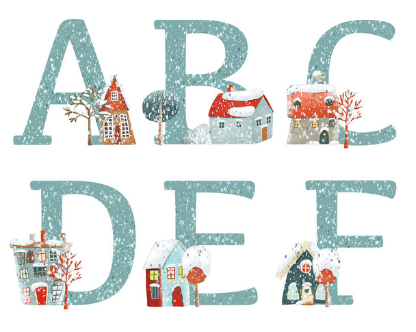 Набор синих букв А-Ф с зимними снежными домами, Рождественский алфавит, изолированная иллюстрация на белом фоне - Фото, изображение