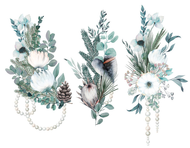Set von Aquarell-Wintersträußen mit weißen Blumen, Pflanzen und Perlenkränzen; weihnachtliche florale Cliparts auf weißem Hintergrund - Foto, Bild