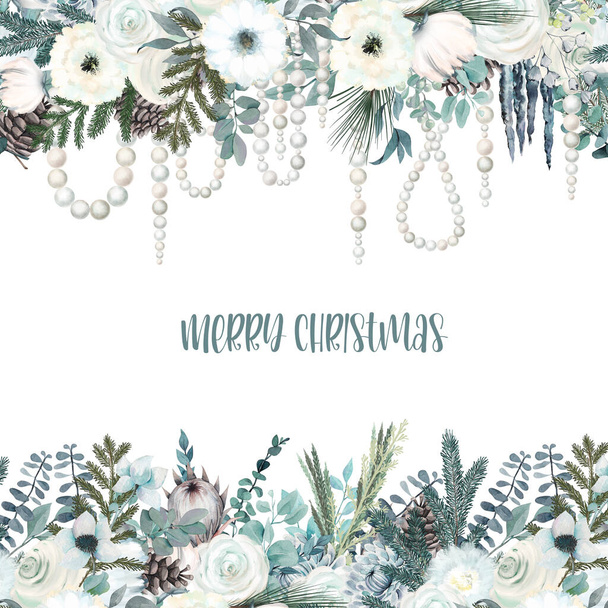 Modello di carta, bordo floreale di fiori invernali ad acquerello, rami di poinsettia ed eucalipto, ghirlande di perle; disegno di biglietti di Natale - Foto, immagini