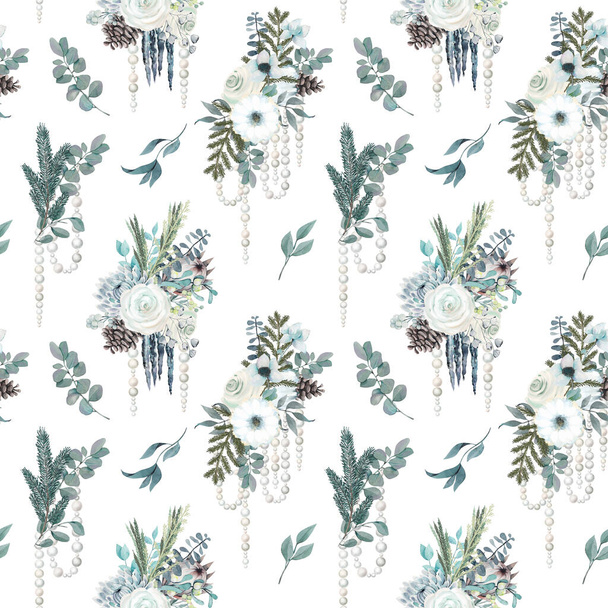 Naadloos patroon van aquarel winter boeketten met witte bloemen, eucalyptus en dennen takken, parel bloemenslingers; illustratie op witte achtergrond - Foto, afbeelding