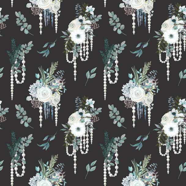 Seamless pattern of watercolor winter bouquets with white flowers, eucalyptus and pine branches, pearl garlands; illustration on dark background - Photo, Image