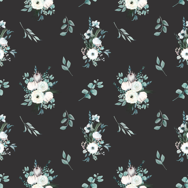 Motif sans couture de bouquets d'hiver aquarelle avec fleurs blanches, eucalyptus et branches de pin, illustration sur fond sombre - Photo, image