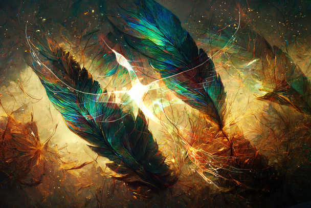 Beautiful multicolored bird feathers in cosmic space and phoenix - Photo, Image