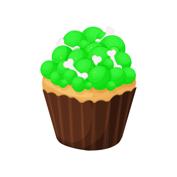 Cupcake Halloween dessert with green bubbles and skeleton bones in cartoon style isolated on white background. Vector illustration - Vector, Image