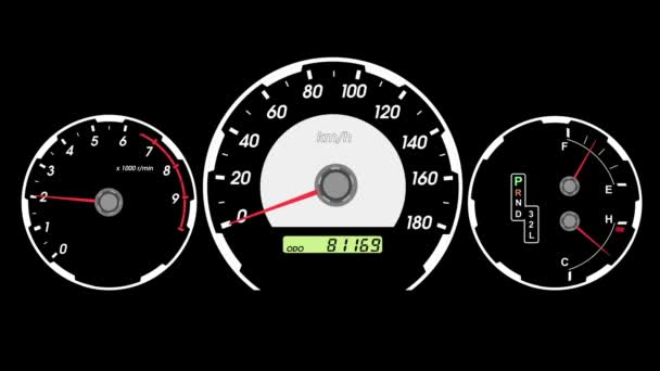 Sebességmérő sport autó, start gyorsítás és a fékezés. fekete képernyő háttér. animáció. - Felvétel, videó