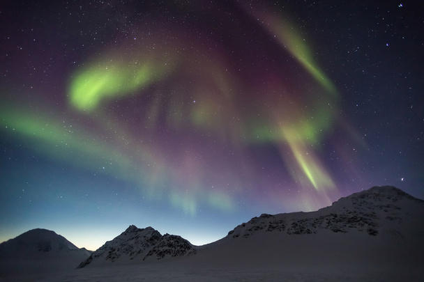 Luces boreales inusuales y coloridas sobre el archipiélago de Svalbard - Ártico
 - Foto, imagen